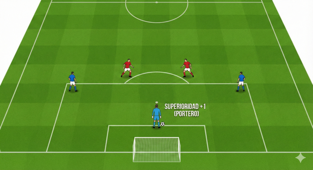 Gráfico táctico de salida de balón fútbol 7 con el portero actuando como tercer central