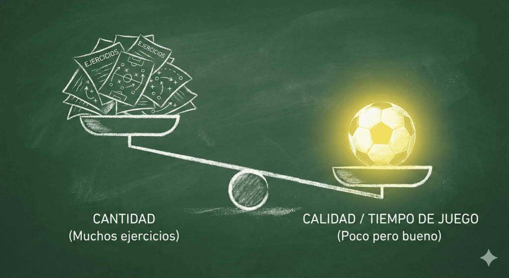 Representación de que en fútbol base es mejor hacer pocas tareas bien que muchas tareas mal