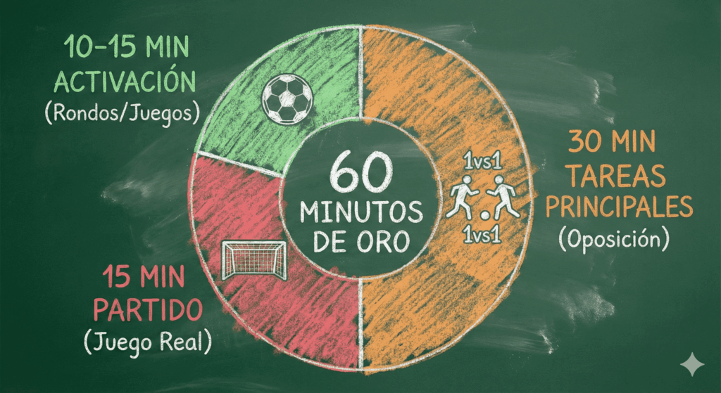Gráfico de distribución del tiempo en una sesión de entrenamiento de fútbol para niños